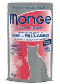 Monge Natural kons. pašaras suaugusioms katėms tuno ir vištienos kąsneliai su krevetėmis želėje 80g